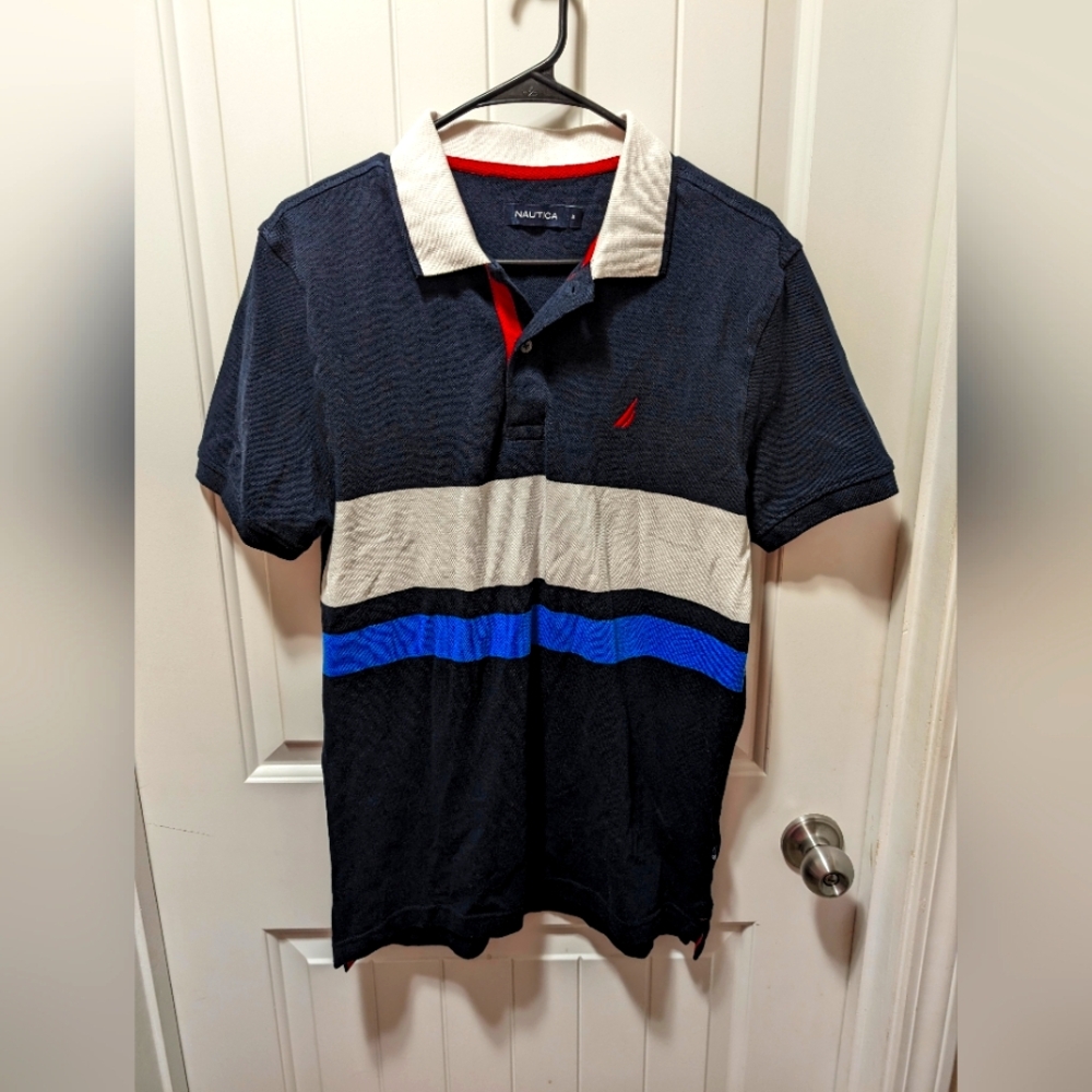 Nautica Navy Blue, Royal Blue, White, & Red Polo Shirt Size Med. Short Sleeve.